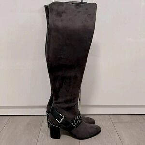 NWOT MICHAEL KORS Grey Over The Knee Boots Grommets Buckle Stretch, Size 9